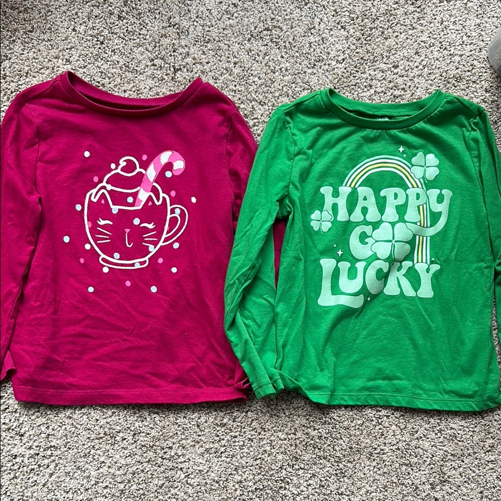 2 - Carters girls size small hot chocolate candy cane & St Patrick's shirts